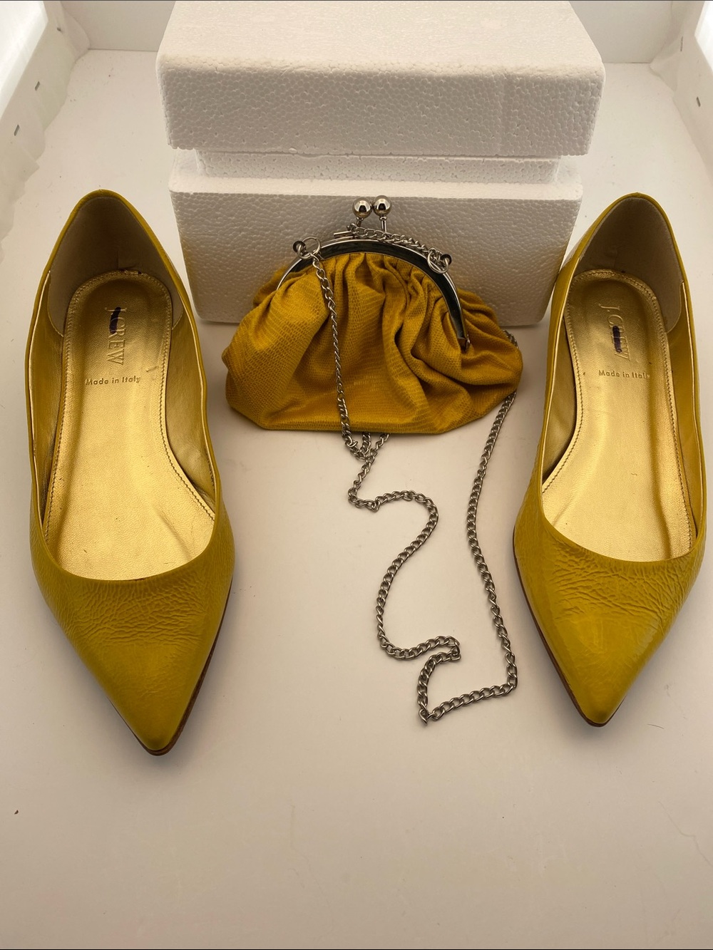 J. Crew Mustard Yellow Pointed Toe Flats with Matching Chain Pouch